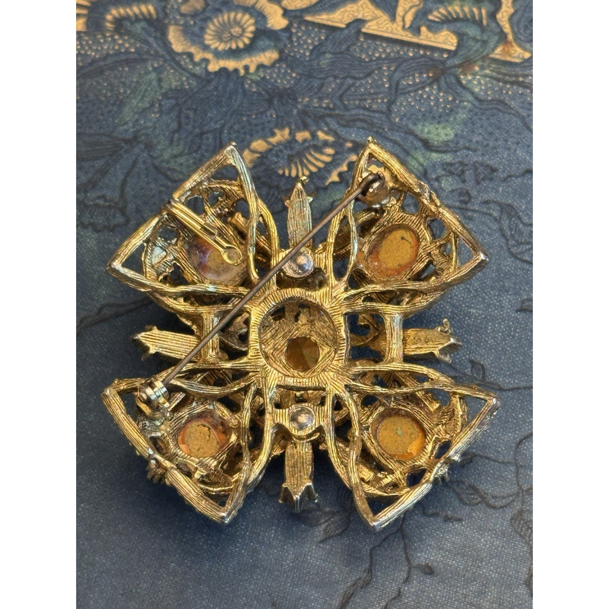 Vintage Brooch Pendant Maltese Cross Goldtone Amber Brown Rhinestones