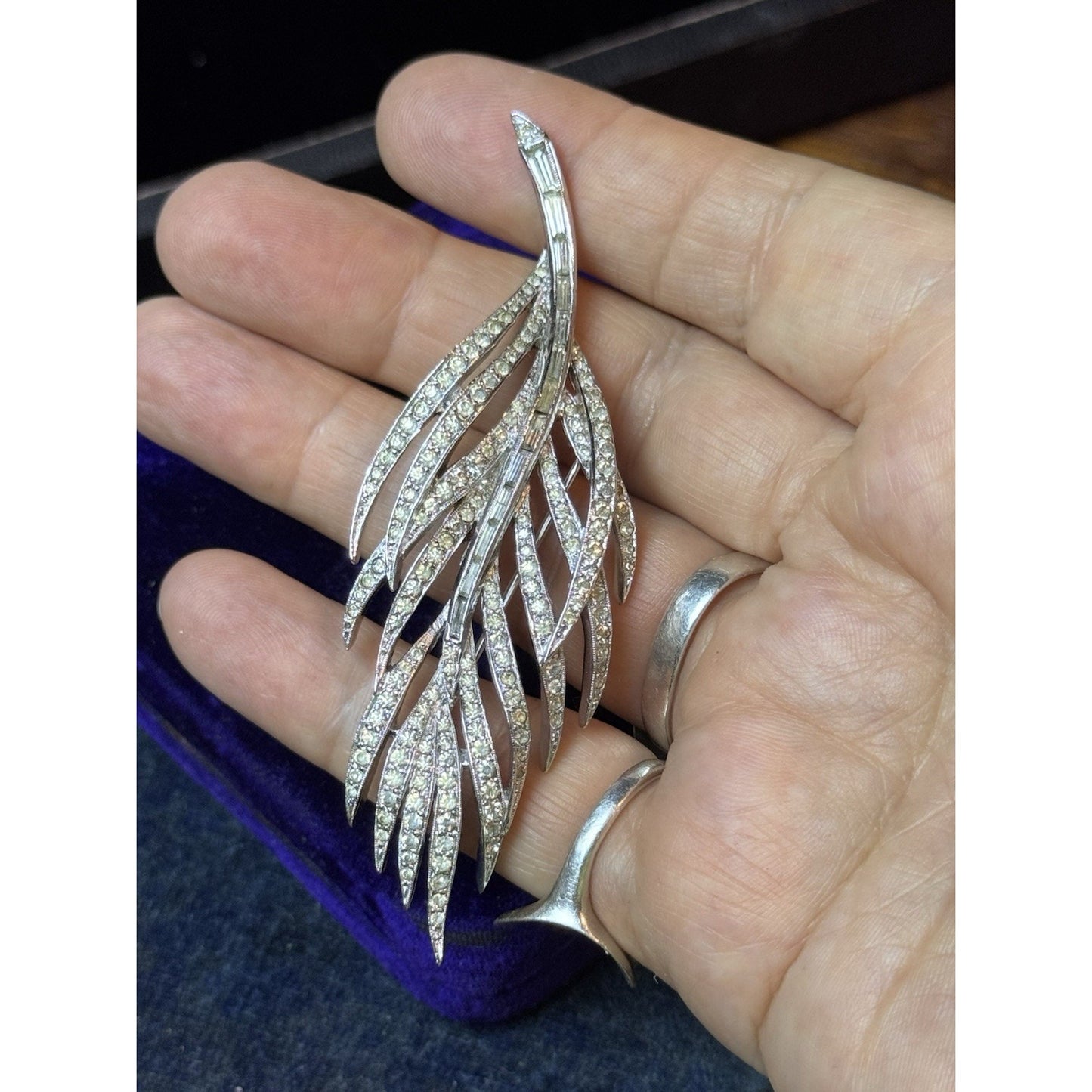Vintage Panetta Rhinestone Feather Brooch Silver Tone Signed Designer Pin 3.5”