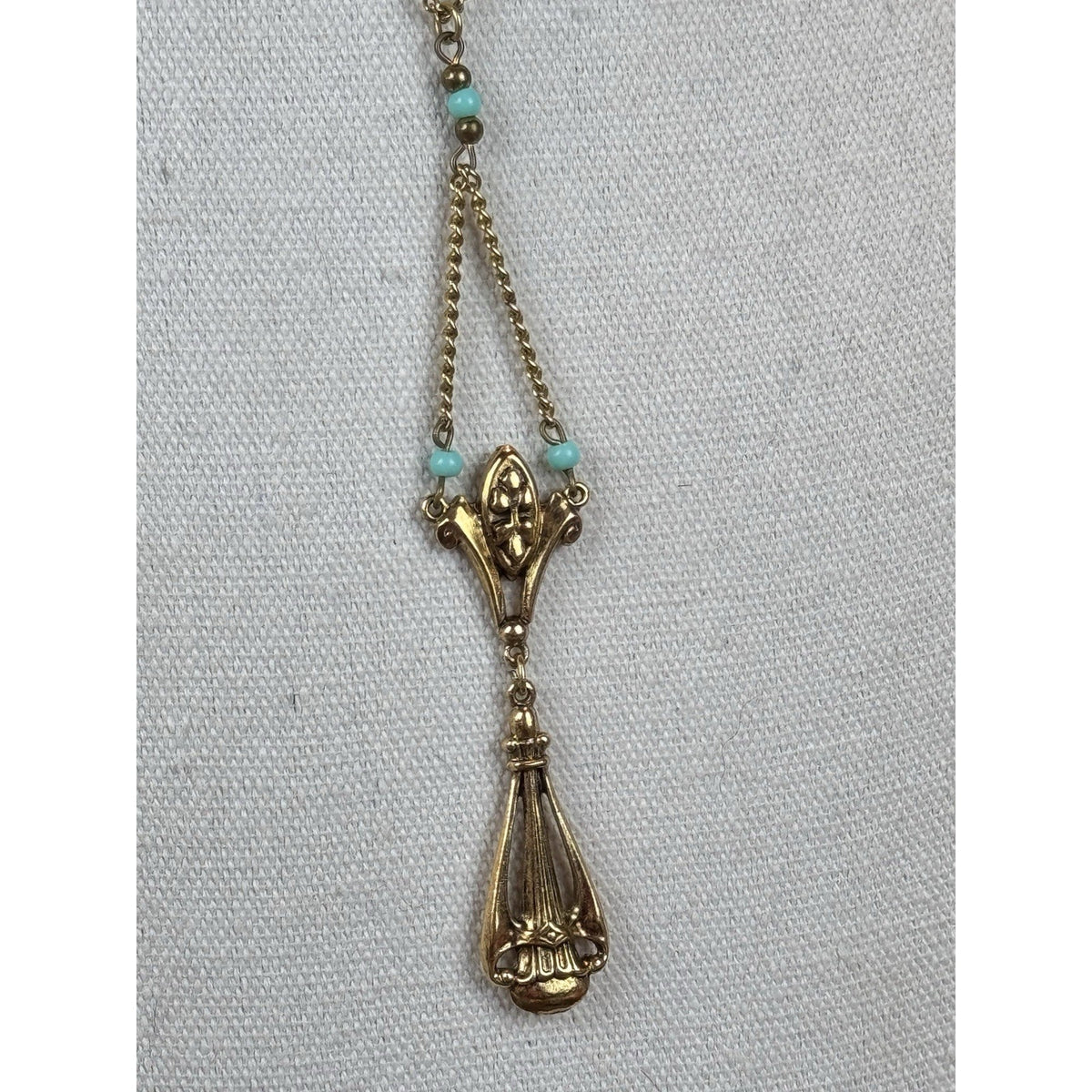Vintage ART Lavalier Necklace Goldtone Turquoise Blue Beads 16” Signed Pendant