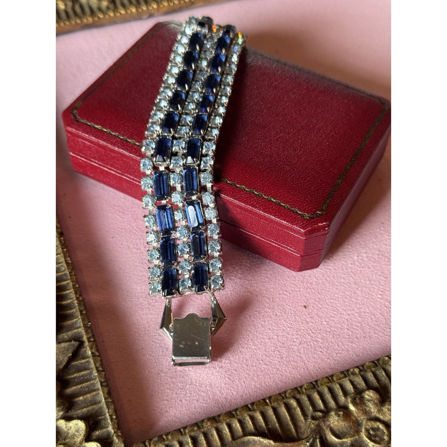 Vintage Bracelet Blue Rhinestone 5 Rows-3 Ice Blue 2 Dark Blue Silvertone 6”