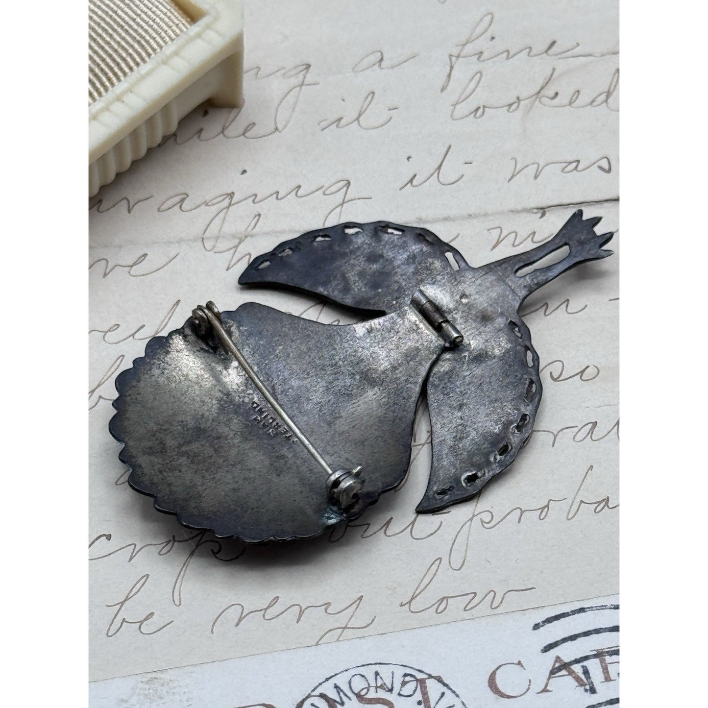 Vintage Siam Sterling Silver Peacock Brooch Articulated Niello Thailand