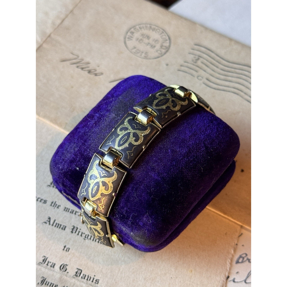 Spanish Damascene Bracelet Black Goldtone Floral Panel Links 6.5”
