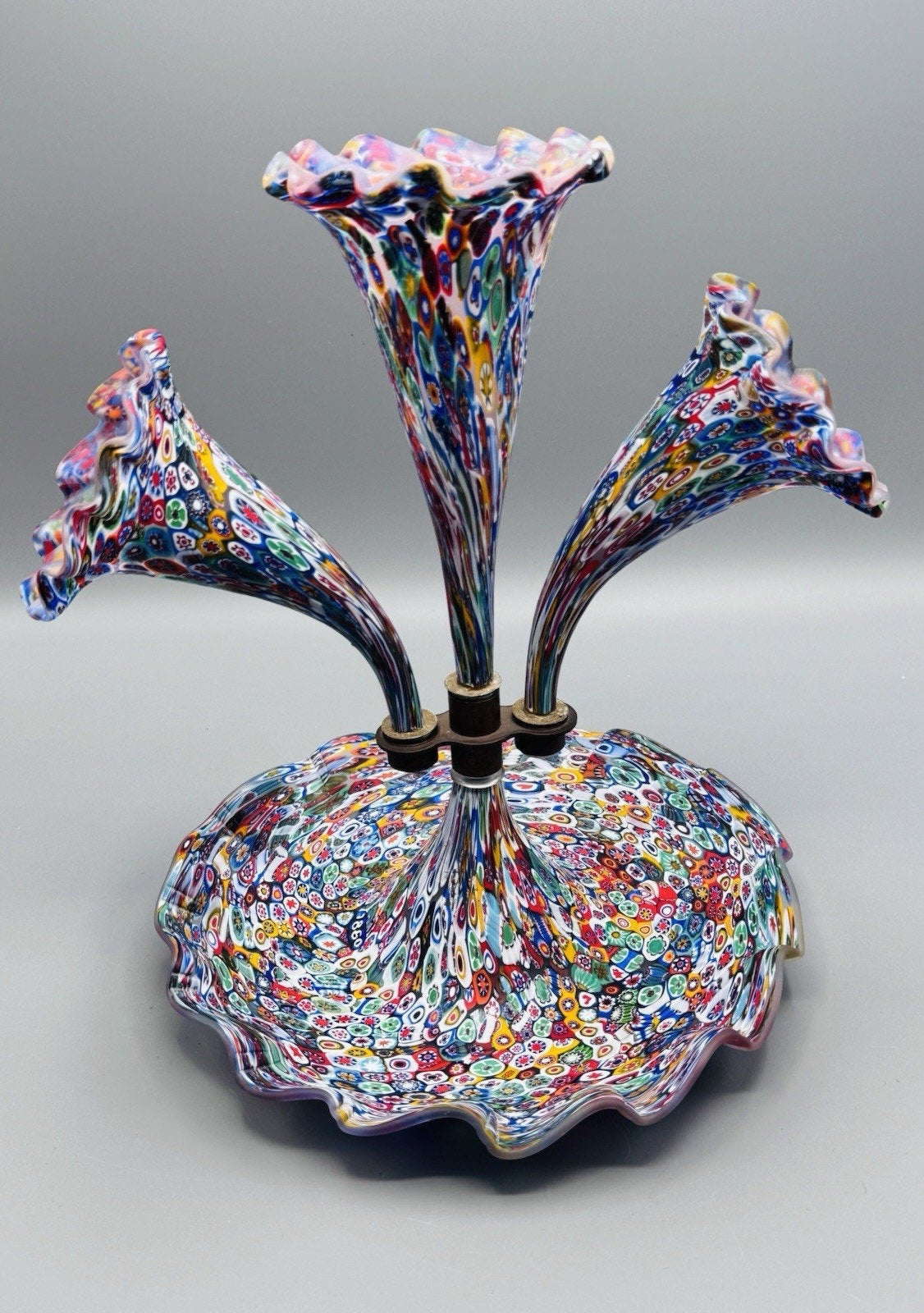 Murano Millefiori Epergne Art Glass 3 Horn Centerpiece Vase 1860 Cane 11.5”