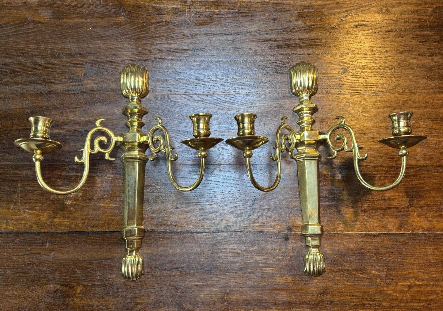Pair Vintage Brass Wall Candle Sconces India Lacquered 2 Arm 15”
