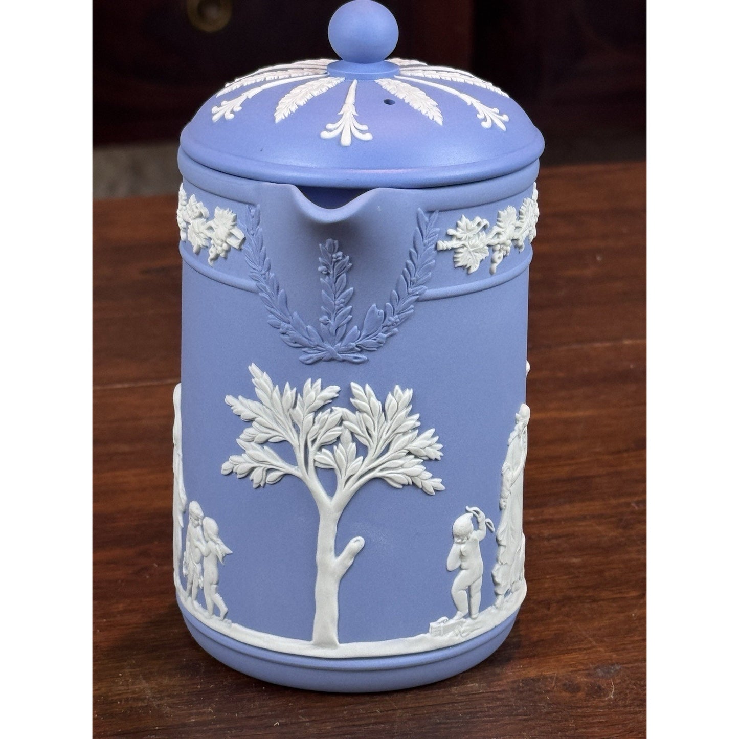 Vintage Wedgwood Jasperware Blue Dip Lidded Pitcher 6.5”
