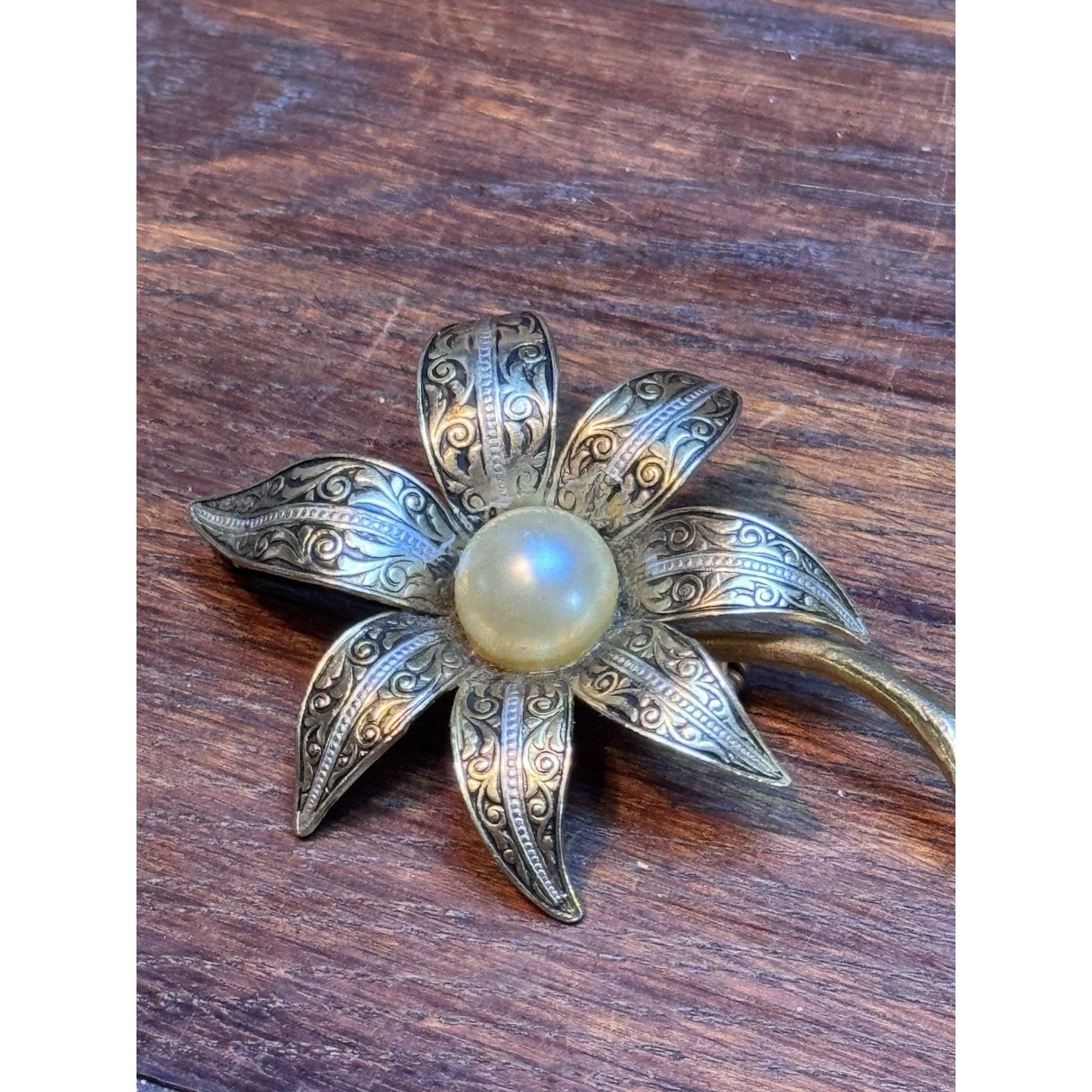 Spain Damascene Flower Brooch Goldtone Faux Pearl Vintage Toledo Style