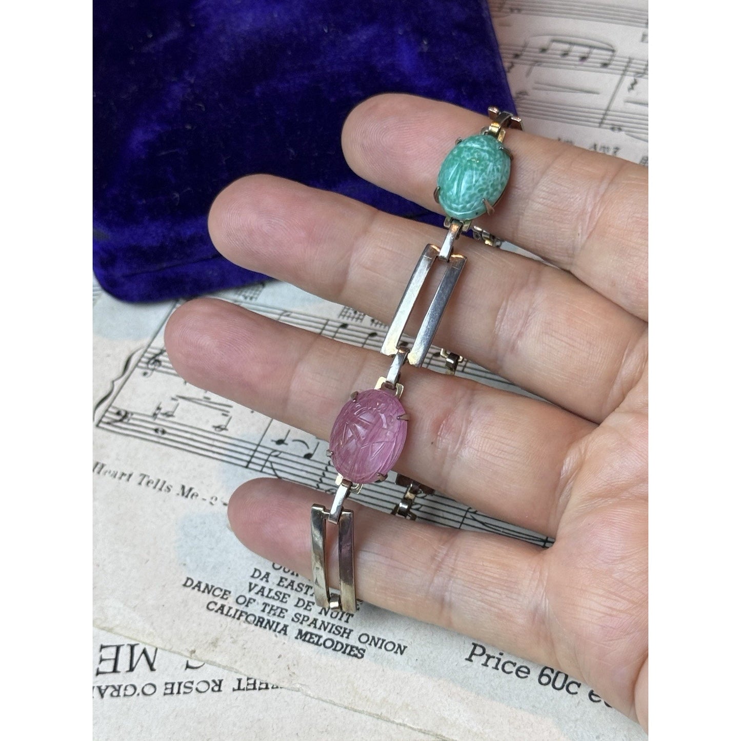 Vintage Silvertone Glass Scarab Bracelet Egyptian Revival 7.5” Pink Green Blue