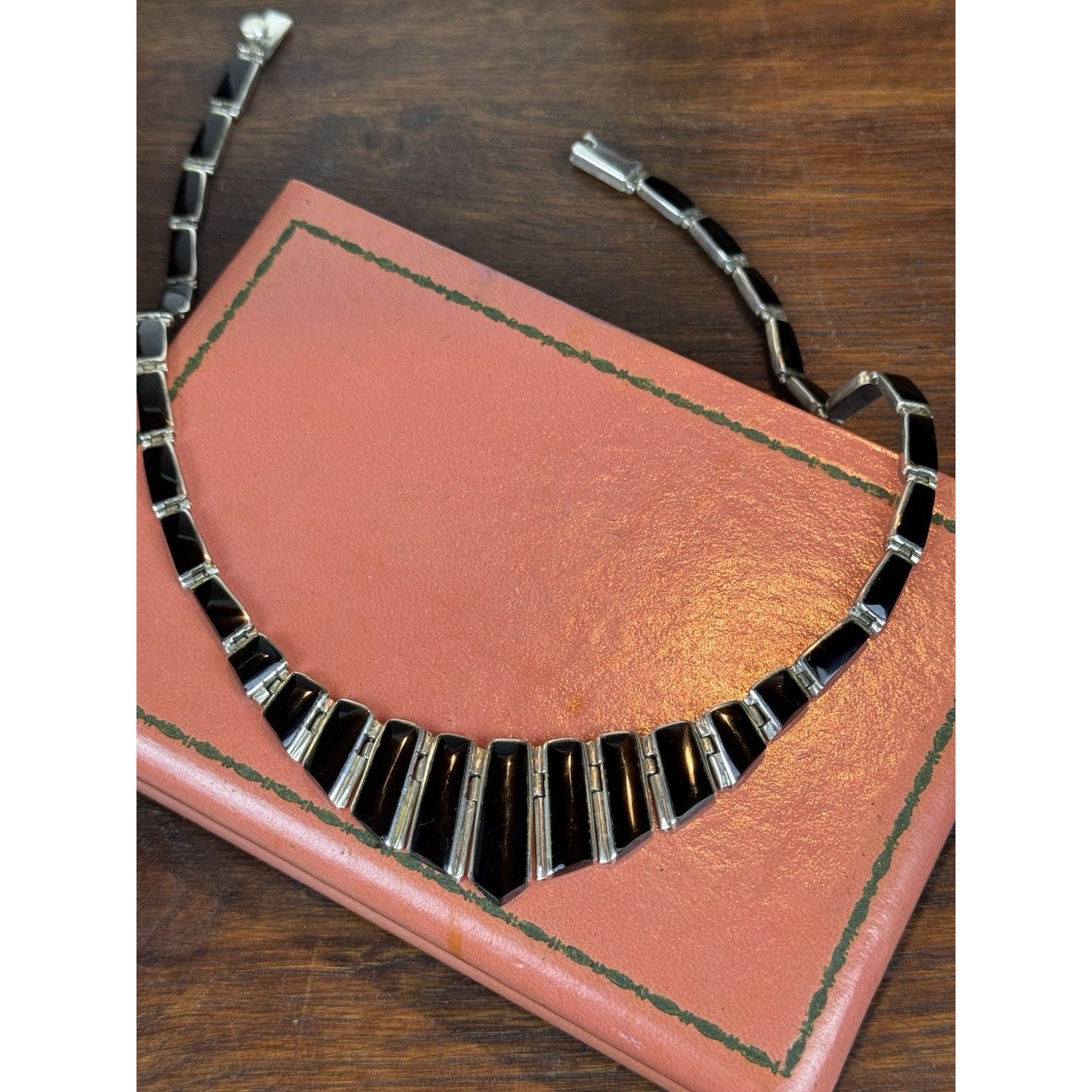 Vintage 950 Silver Necklace Taxco Mexico TD-107 Black Onyx Modernist 18”