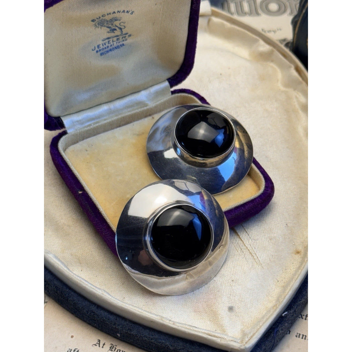 C&S Sterling Silver Black Onyx Post Earrings Round Modernist Statement 1 3/8”