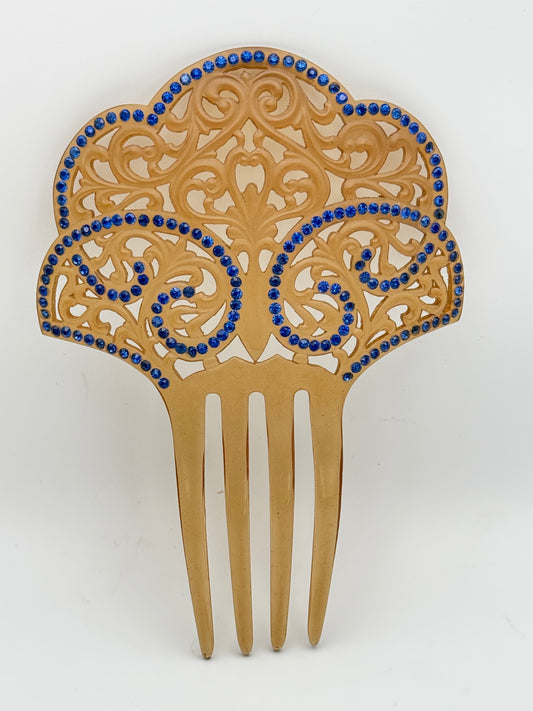 Antique Art Deco Celluloid Blue Rhinestone Hair Comb Spanish Style