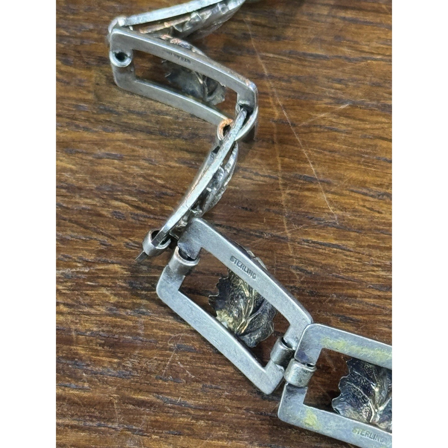 Vintage Sterling Silver Leaf Link Bracelet Gold Accents 7.25” Botanical Design