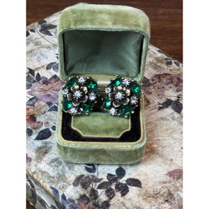 Vintage Rhinestone Clip Earrings Green Flower Floral Statement .75”