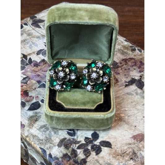 Vintage Rhinestone Clip Earrings Green Flower Floral Statement .75”