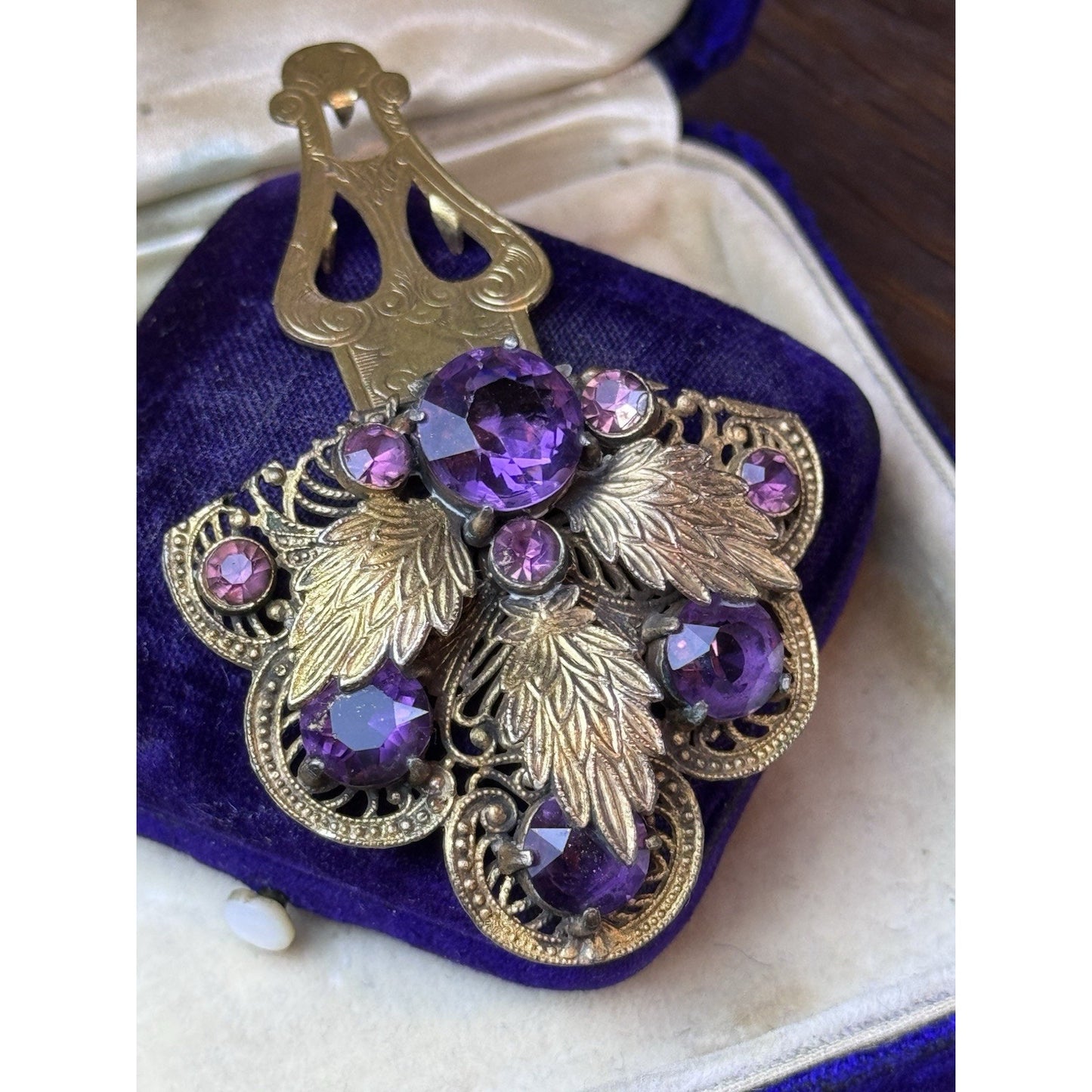 Antique Dress Clip Czech Style Purple Paste Goldtone Filigree Leaf Jewelry 1.75”