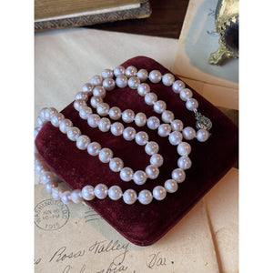 Pink Cultured Pearl Necklace 7mm Knotted Filigree Clasp 24”
