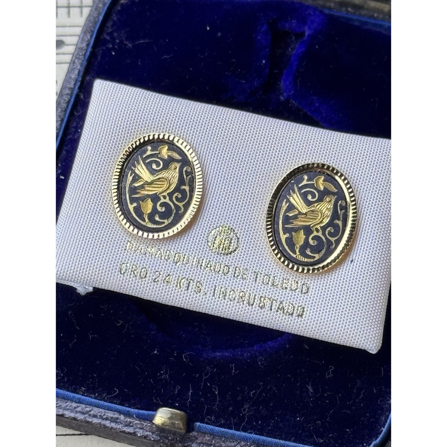 Toledo Damascene Bird Earrings 24K 18K Gold Inlay Spain .75”