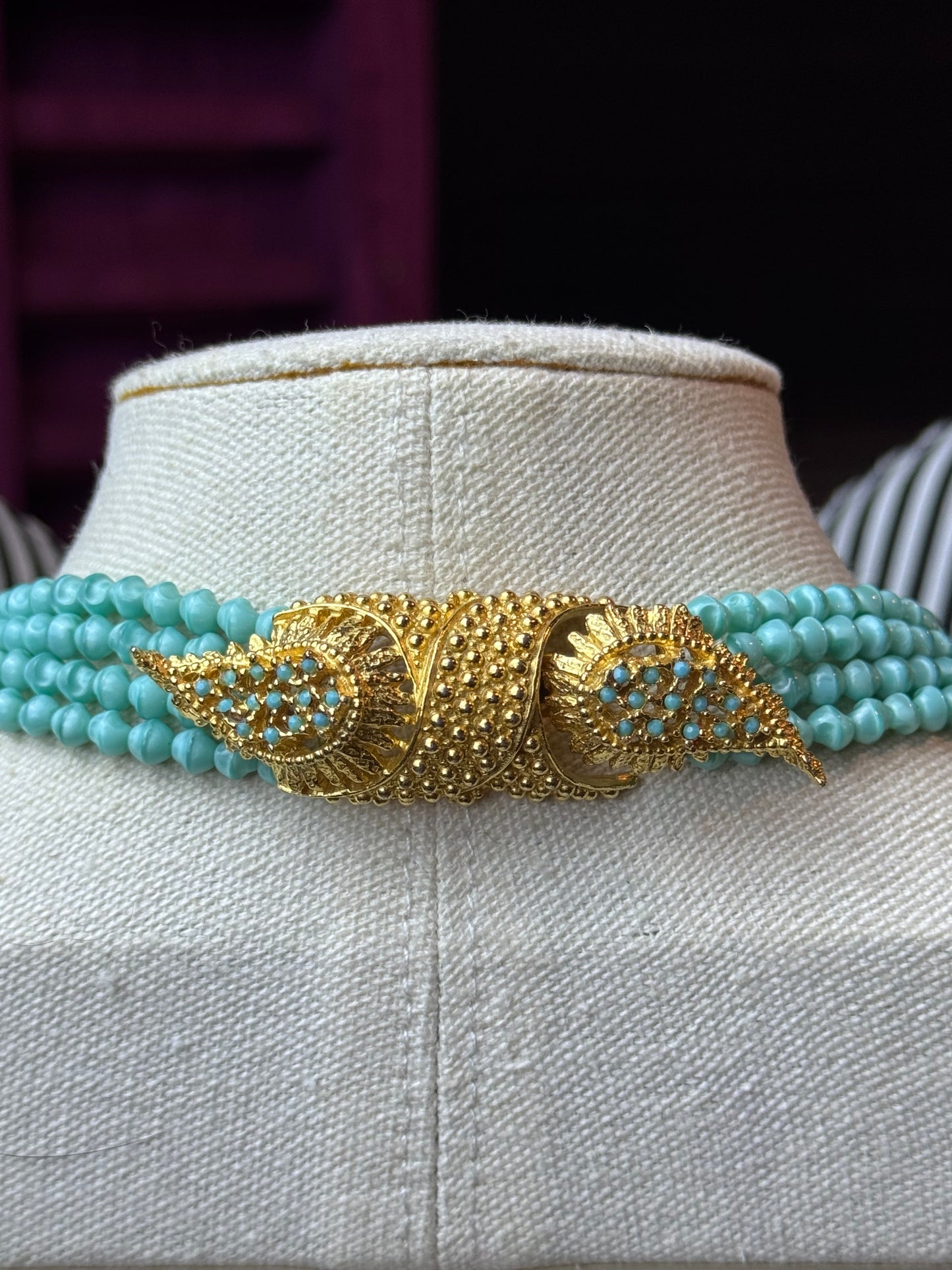 Vintage SIGNED Judith McCann Turquoise Color Glass Bead Necklace 4 Strand Goldtone Clasp 26”