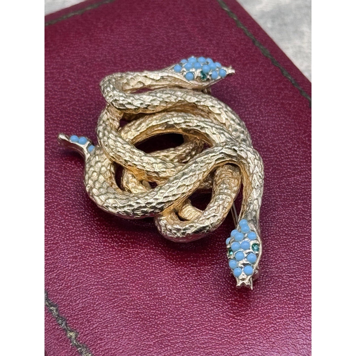 Les Bernard Snake Brooch Goldtone Serpent Blue Cabochon 2” Signed Inc Vintage