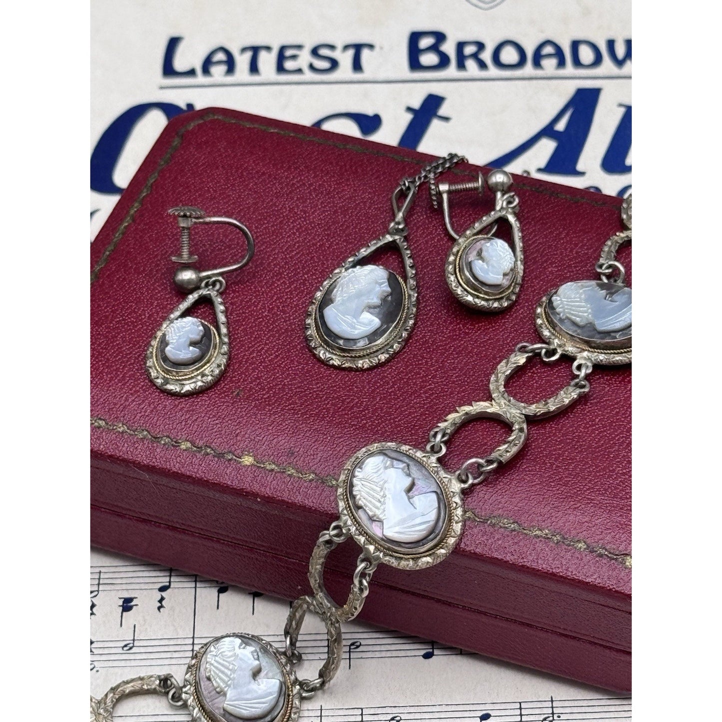 VINTAGE Cameo Parure 800 Silver Abalone MOP Bracelet Earrings Necklace