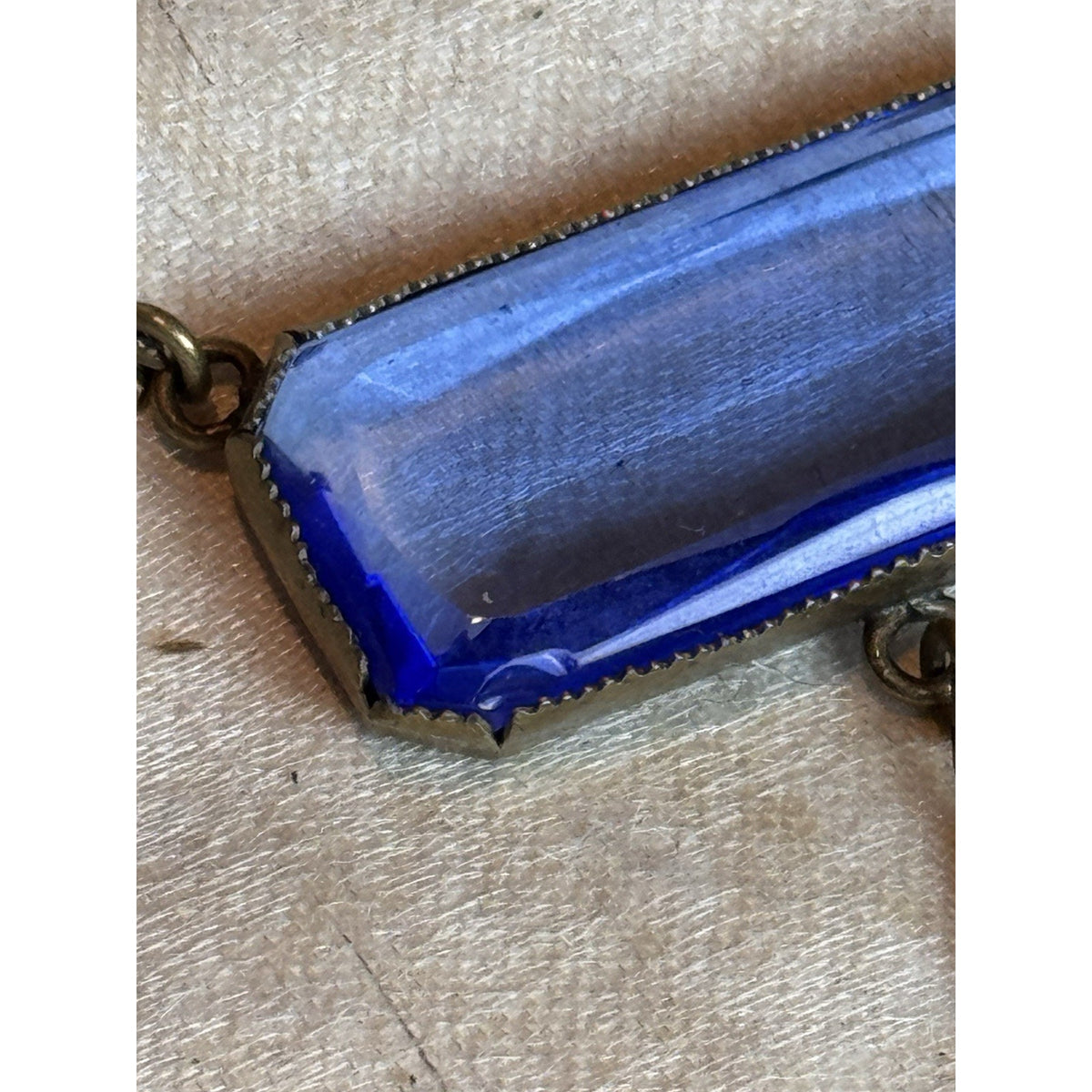 Antique Czech Necklace Blue Glass Enamel Brass Filigree Art Deco 15.5” L