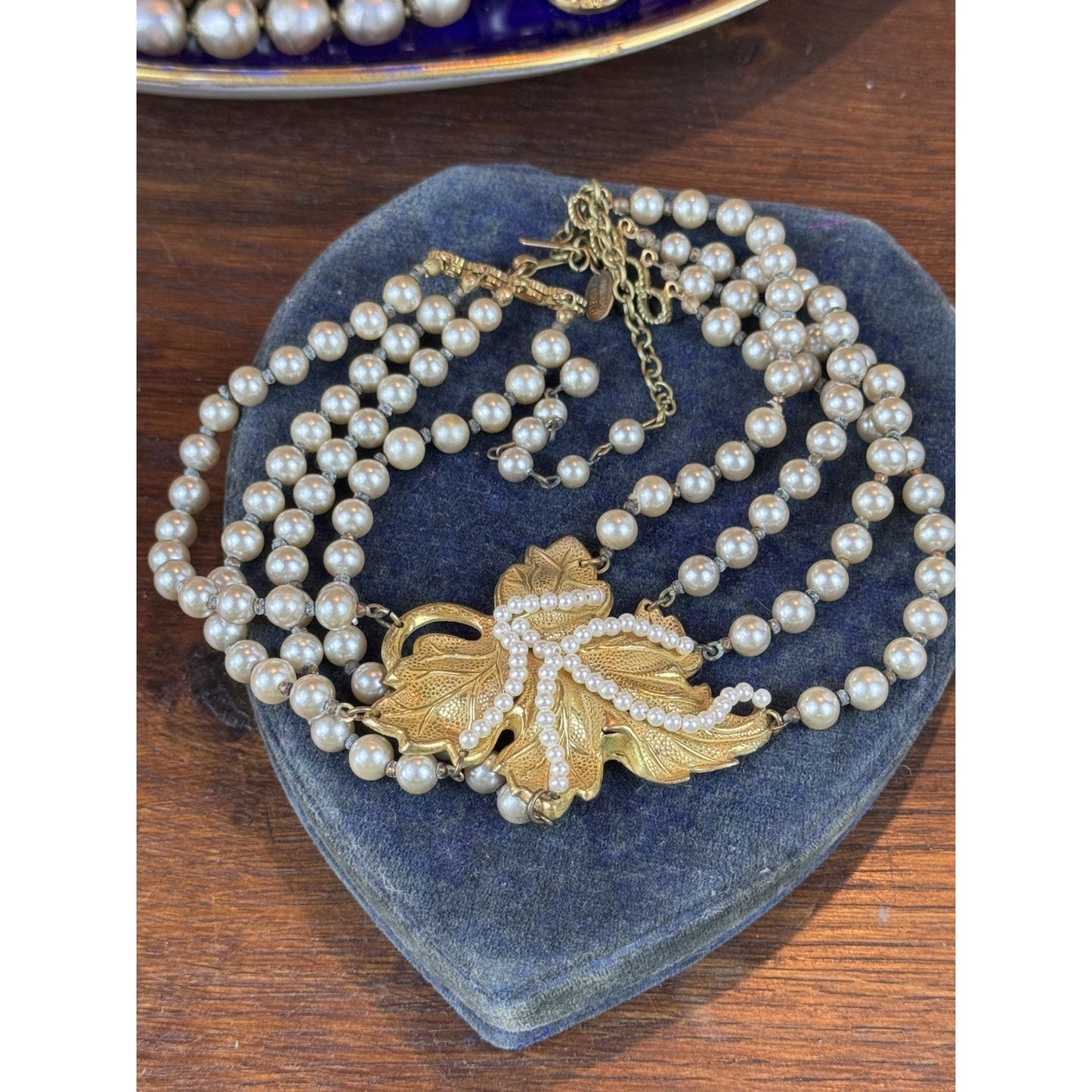 Miriam Haskell Choker Necklace 4 Strand Faux Pearl Goldtone Leaf 18” READ‼️