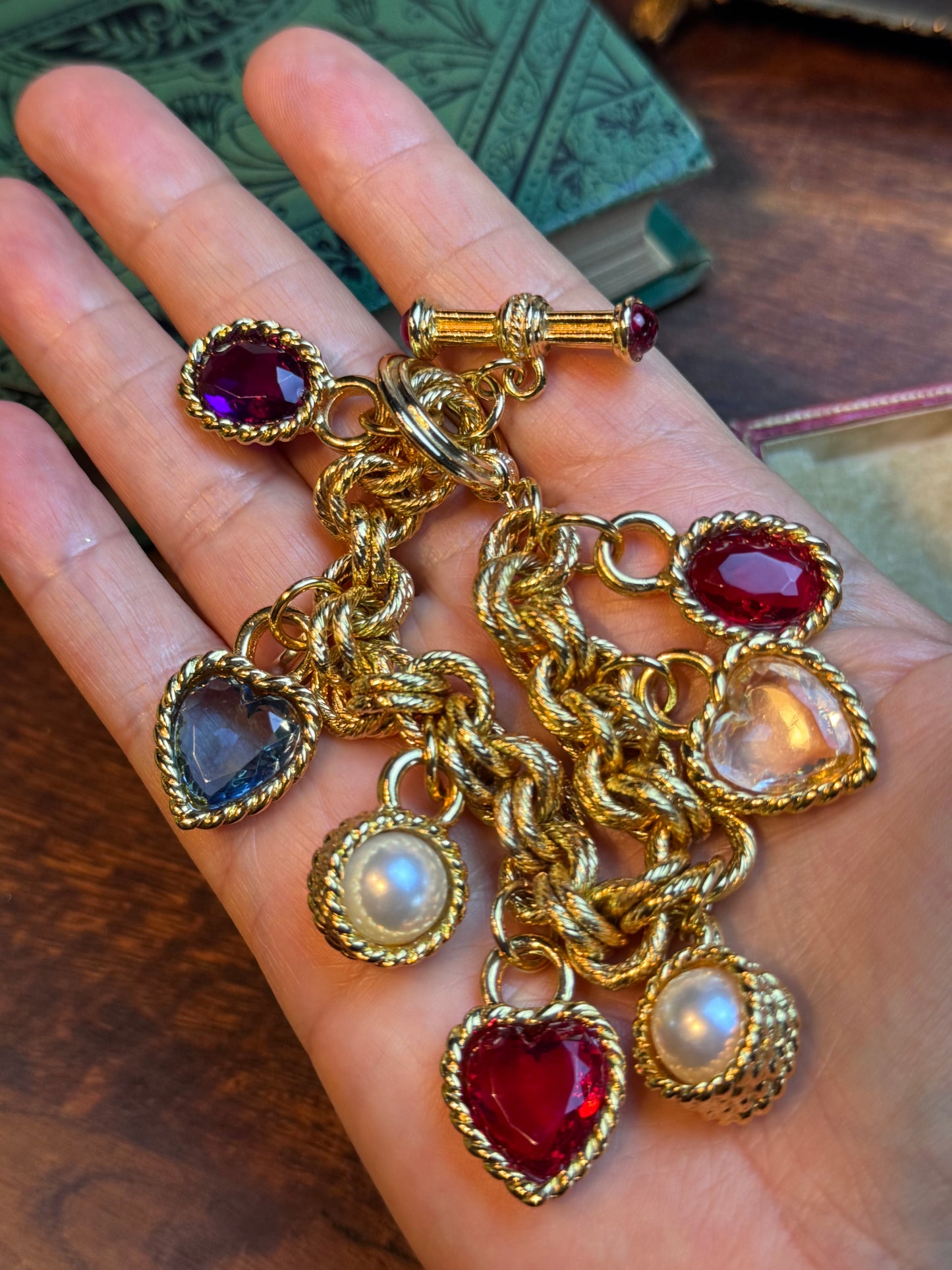 1980s Vintage Charm Bracelet Chunky “Givenchy” Attributed Unsigned Gold Tone Designer Style 6.5” with 7 Charms