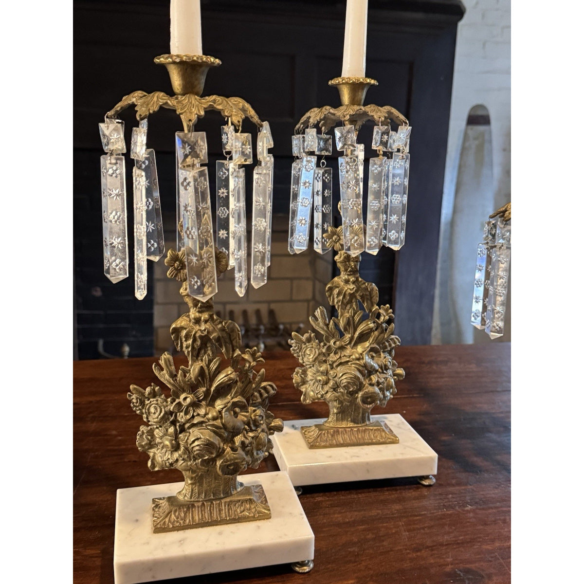 Girandole Candelabra Set Goldtone Floral Marble Crystal Prisms 3 Piece 18” 15.5”