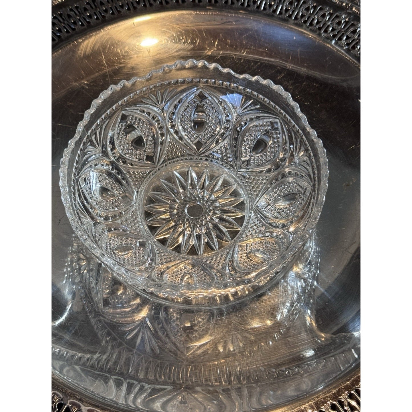 Silverplate Relish Dish Rogers Bros Reticulated Bowl w Antique Glass Insert 9”