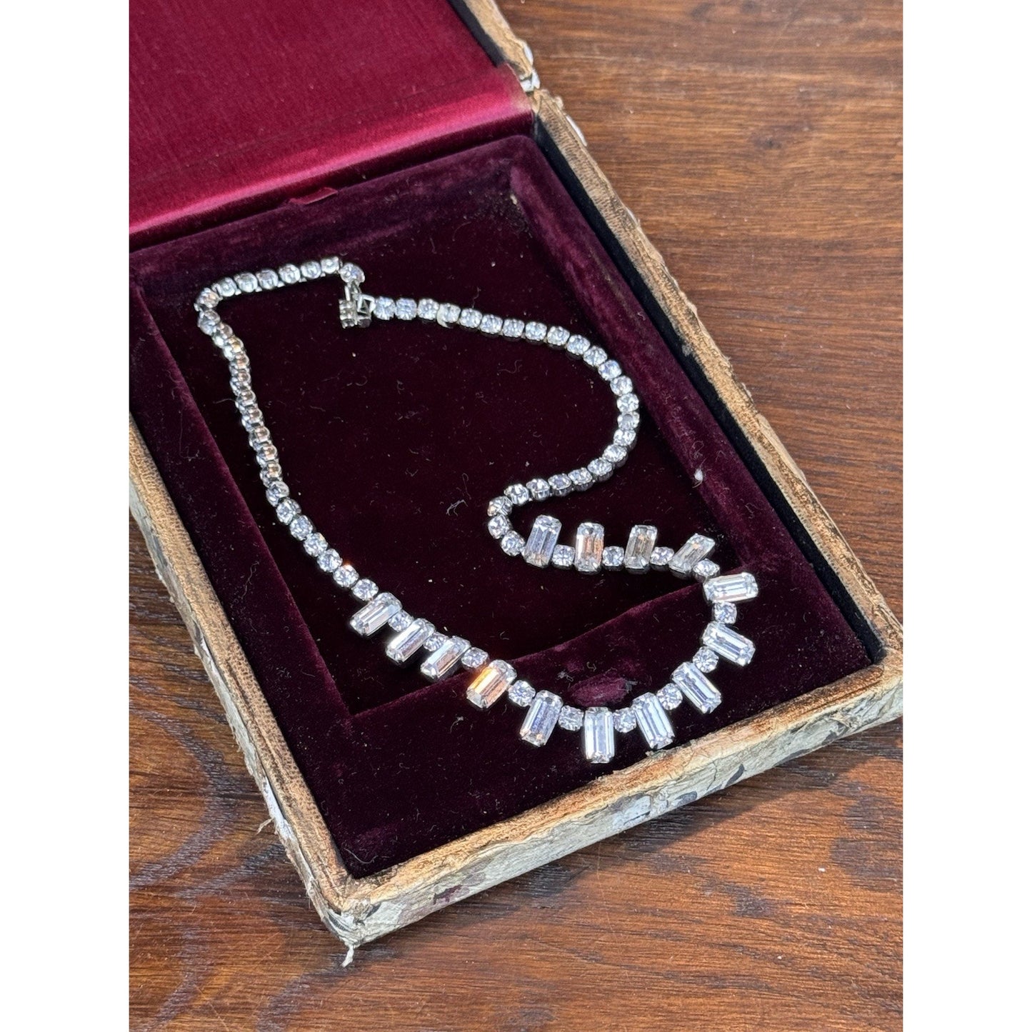 Vintage WEISS Necklace Clear Rhinestone Baguette Fringe – Signed – Circa 1950s