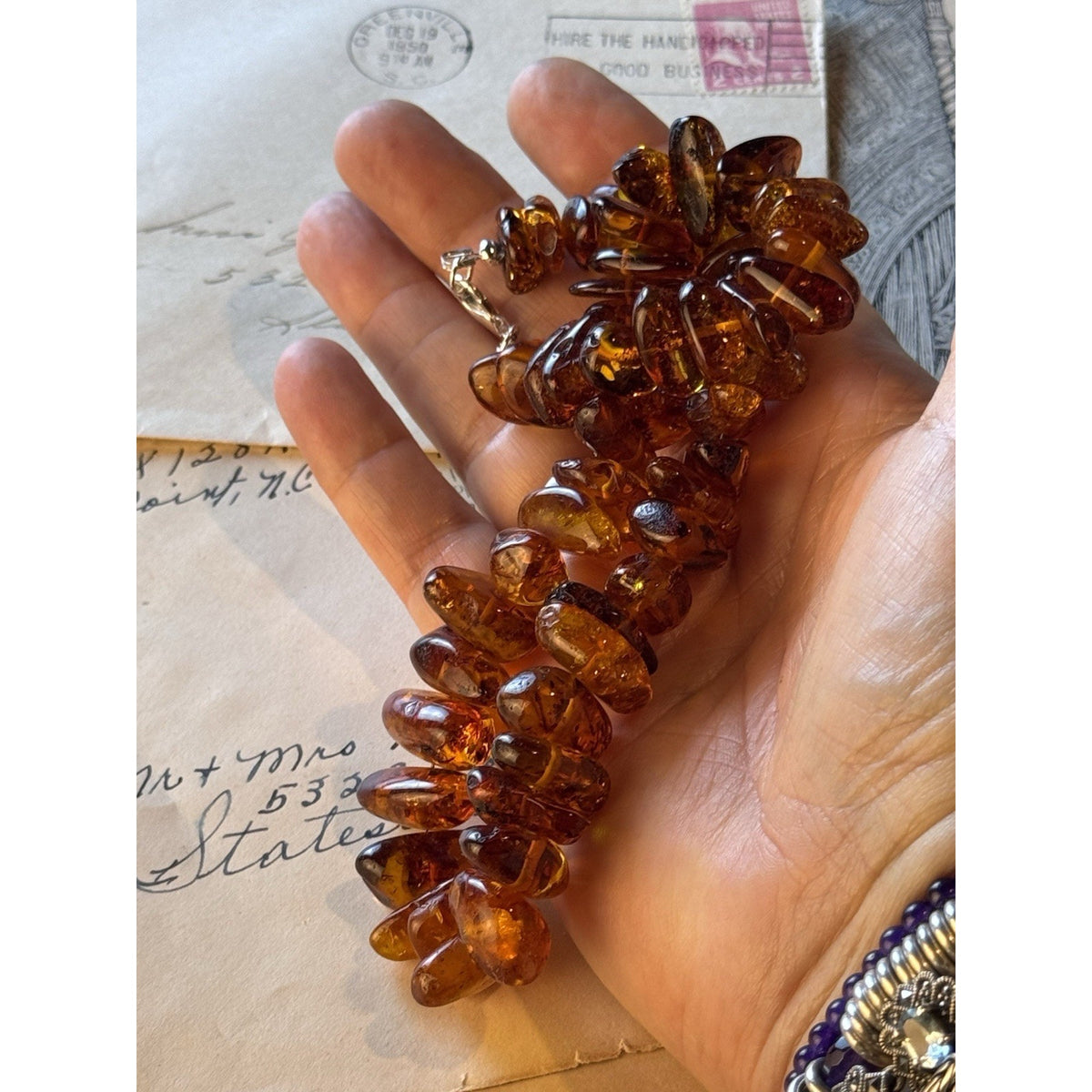 Vintage AMBER Necklace Chunky Graduated Nugget Beads Silvertone Clasp 16”