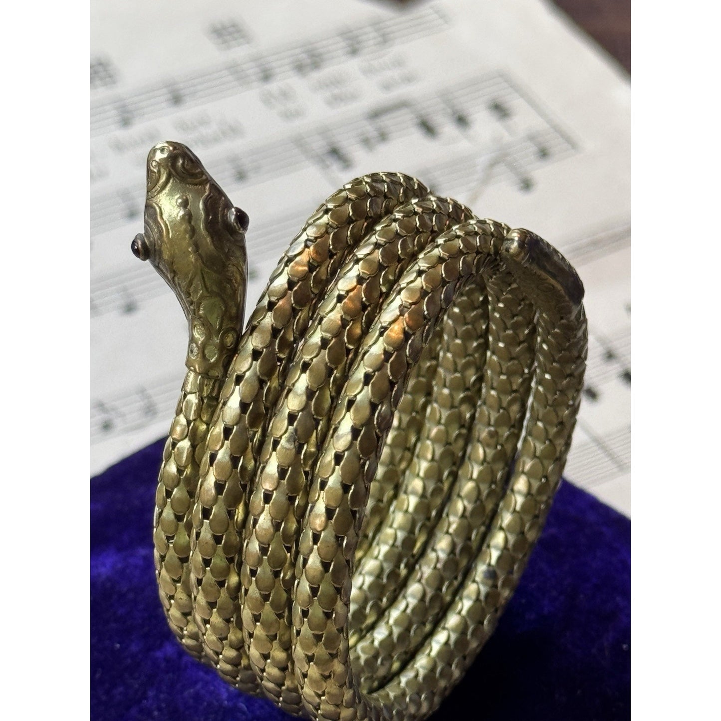 Snake Coil Bracelet Victorian STYLE Goldtone Red Glass Eyes 6.25” x 1”