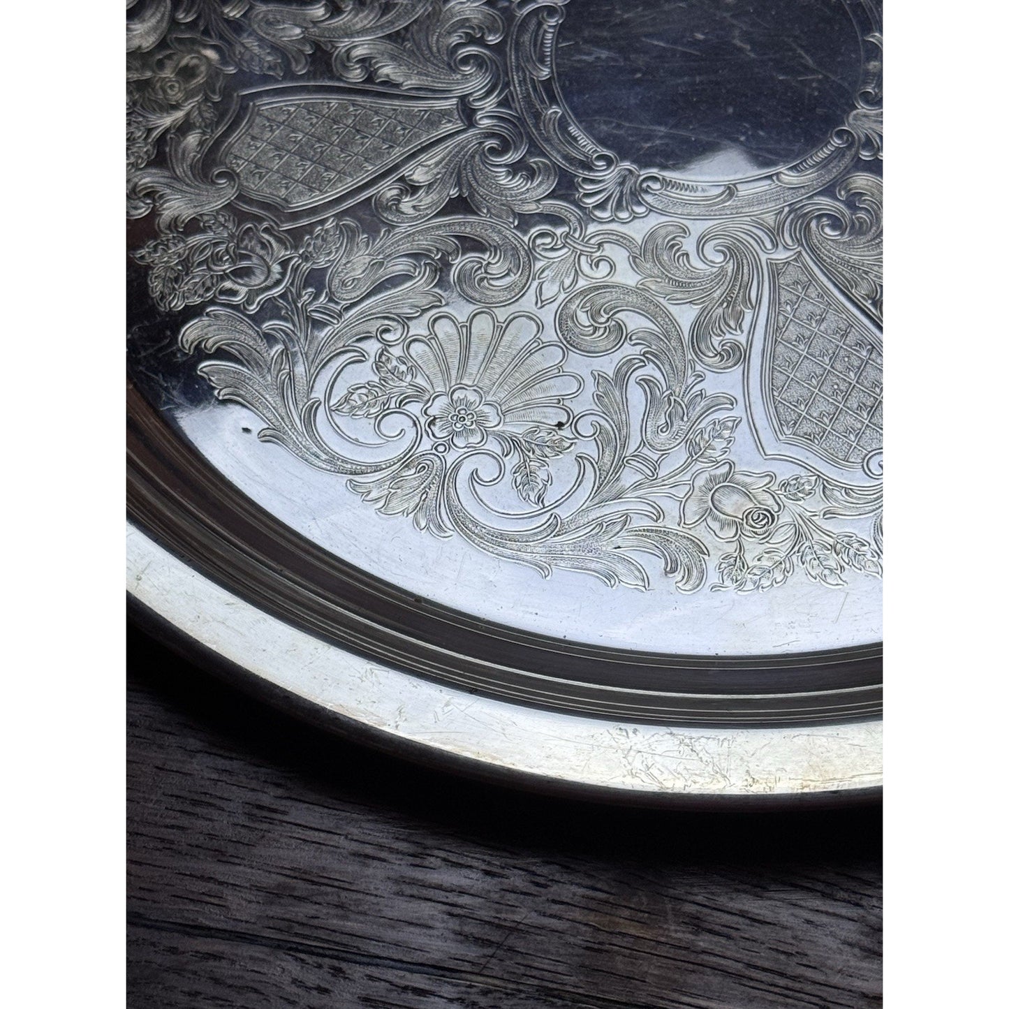 Vintage Silverplate Round Serving Tray 12” Ornate Floral Engraved Platter