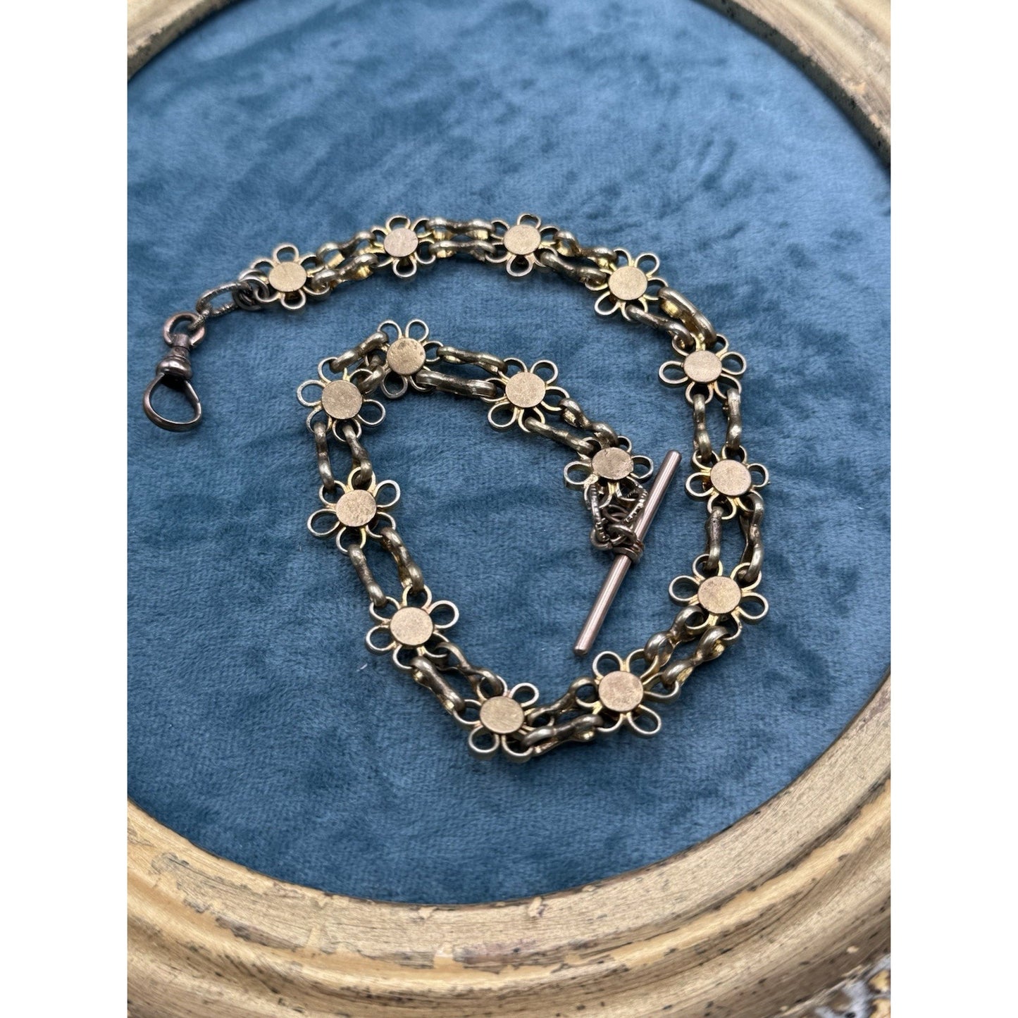Antique Victorian Floral Link Watch Chain Rose Gold Filled T Bar Dog Clip