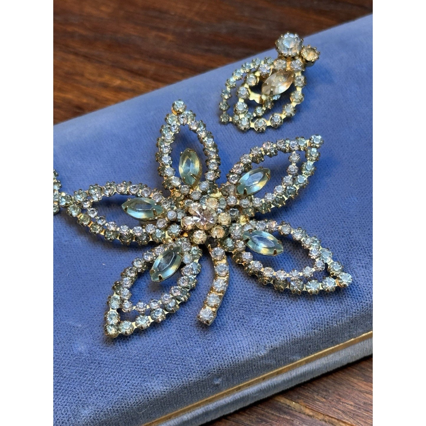 Vintage Rhinestone Brooch & Earring Set Blue Rhinestones Openwork Floral Design
