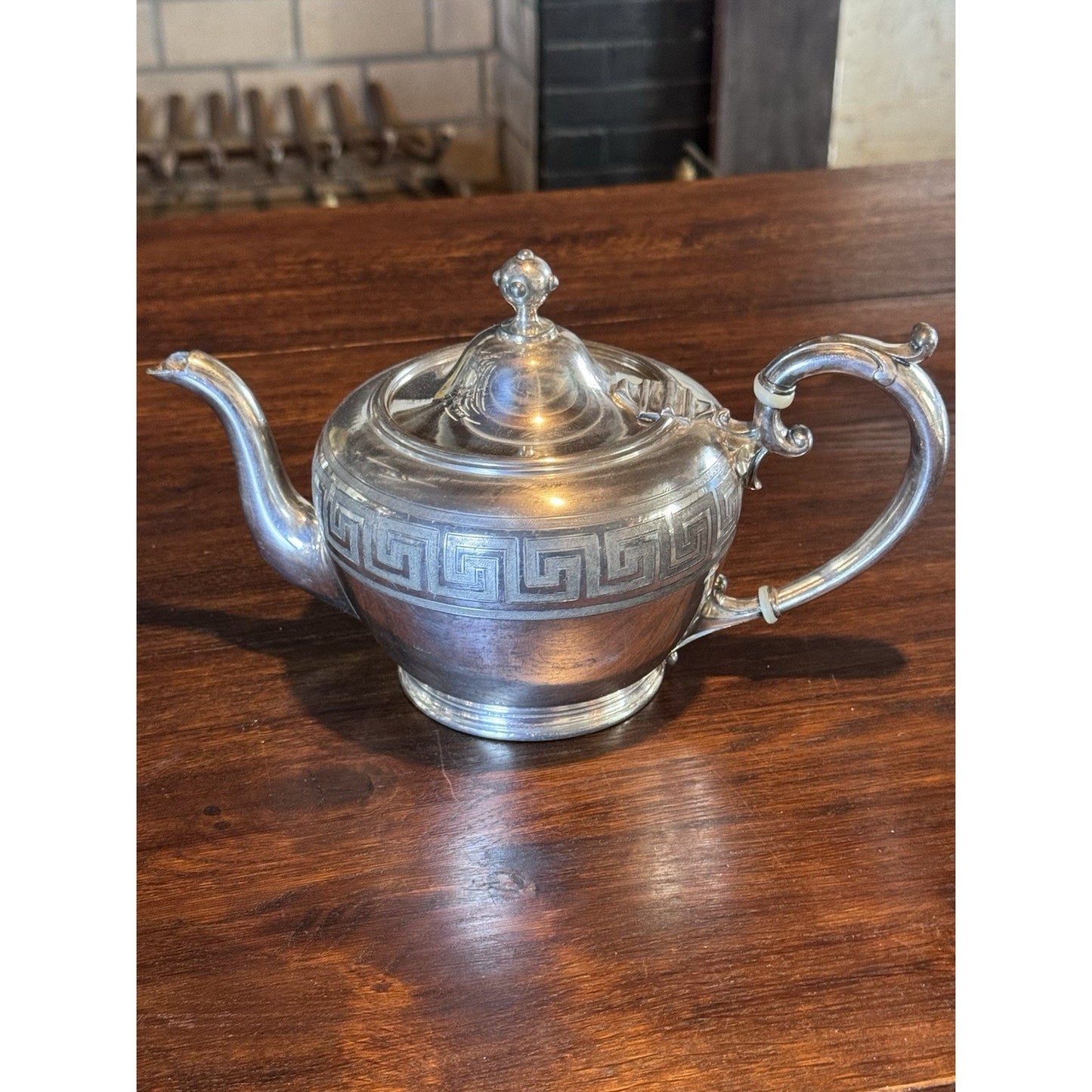Silverplate Teapot Reed & Barton Greek Key Monogram E Vintage Tea Pot 10” Shabby