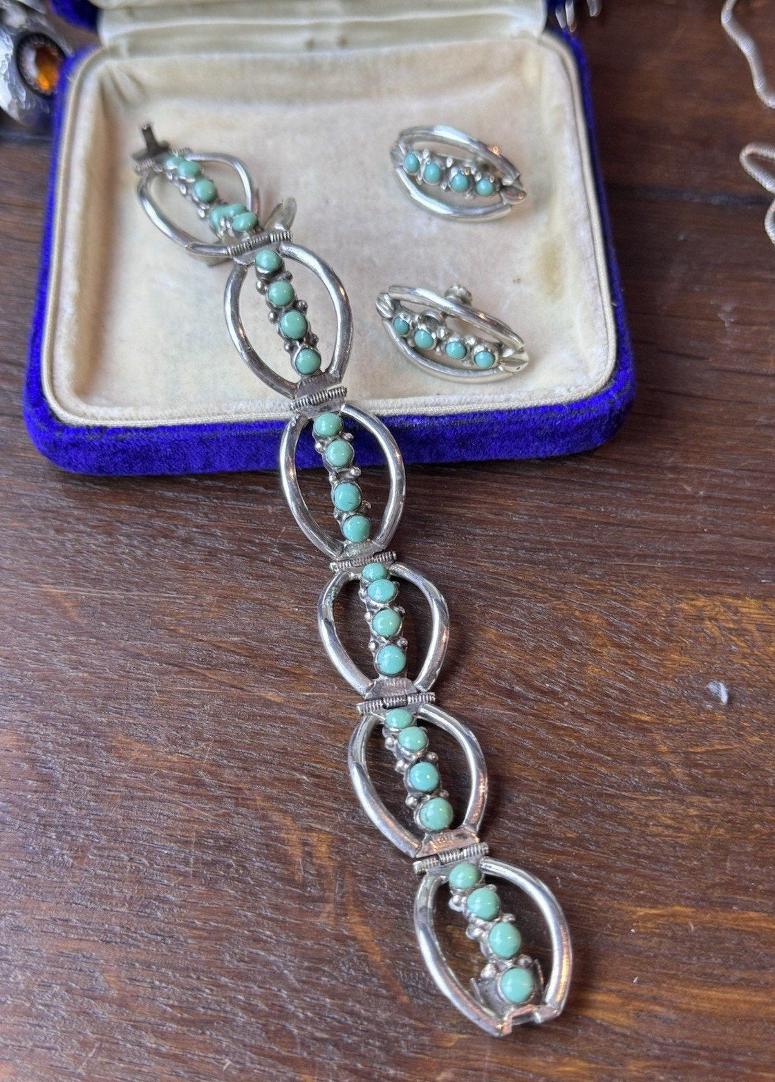 925 Bracelet Earrings Set Sterling Silver Green Cabochons Handmade ARTISAN