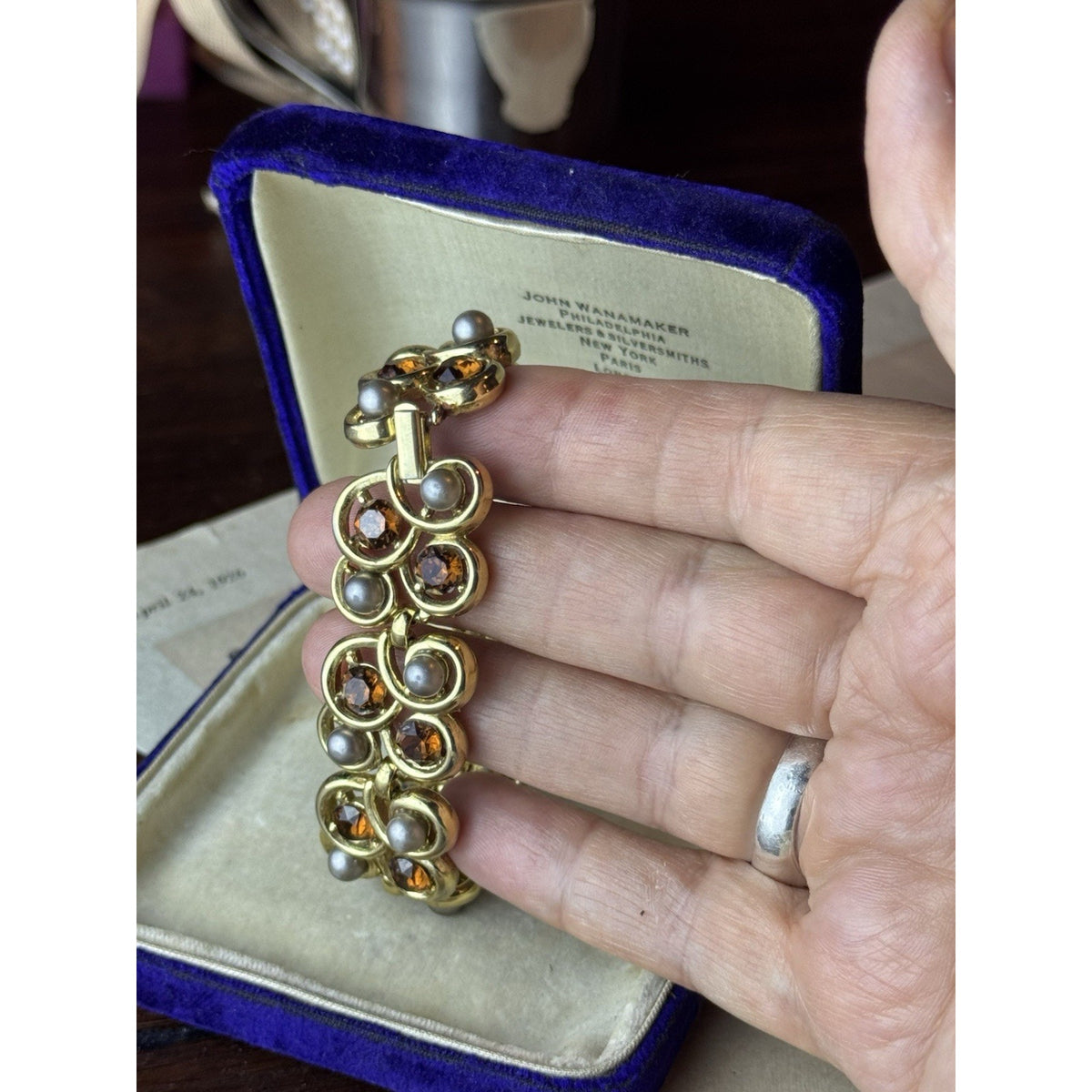 Trifari Bracelet Faux Pearl Brown Rhinestone Goldtone Signed 6.5” Vintage