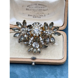 Vintage Brooch Rhinestone Goldtone Gray Clear Floral Spray 2 3/8” Estate