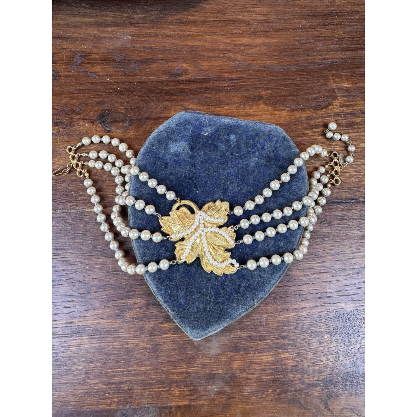 Miriam Haskell Choker Necklace 4 Strand Faux Pearl Goldtone Leaf 18” READ‼️