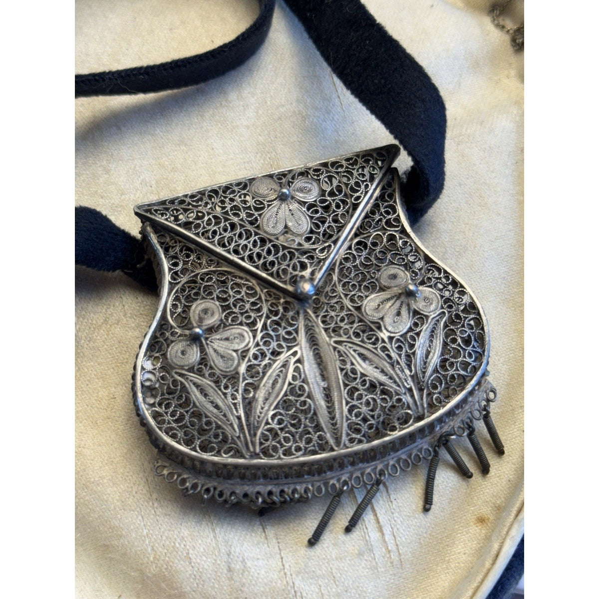 Silvertone Chatelaine Coin Purse Cannetille Filigree Floral Velvet Ribbon