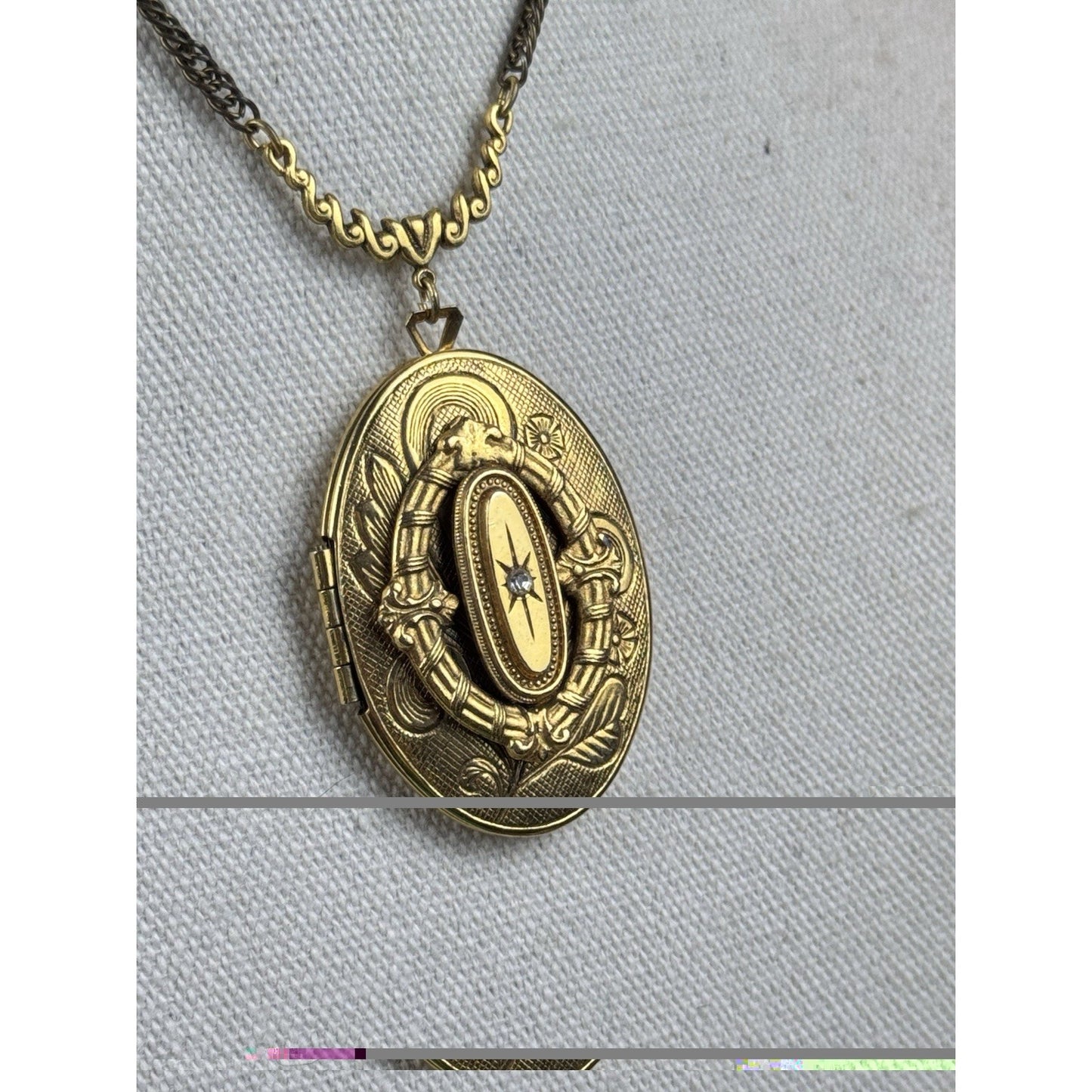 Vintage Goldtone Locket Necklace Rhinestone Floral Victorian Revival 23.5”