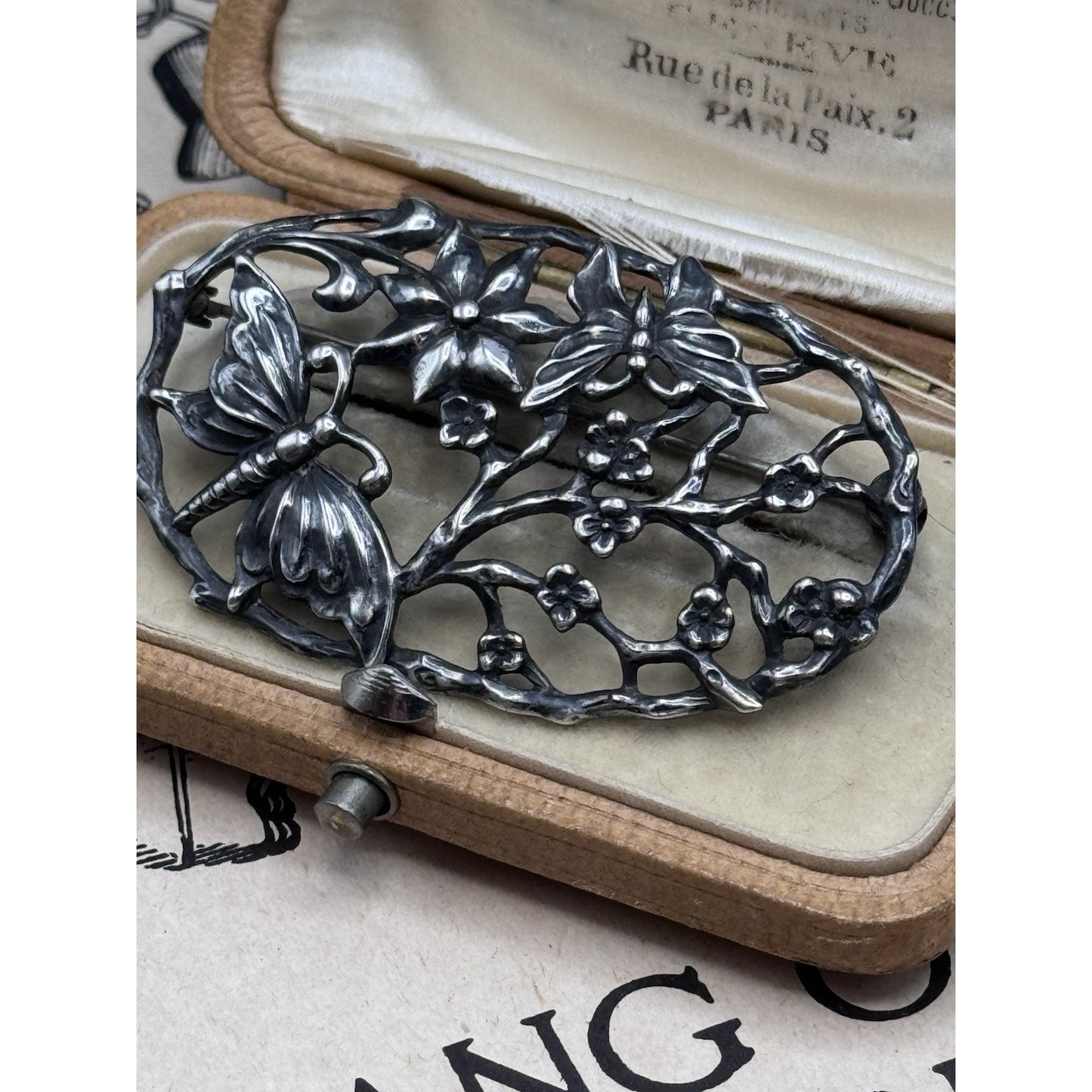 CFO Danecraft Brooch Sterling Butterfly Floral Openwork Signed 2.25”