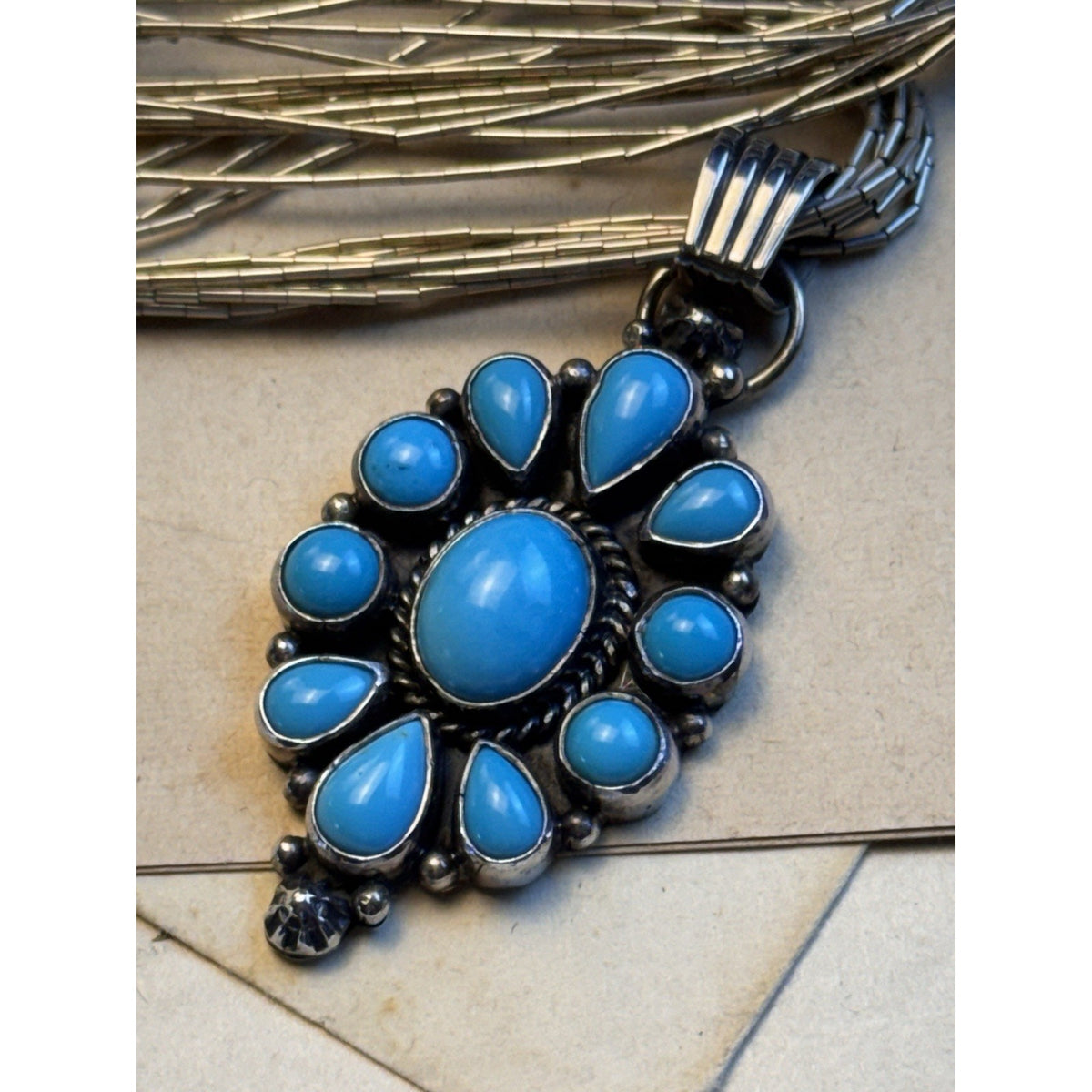 L GANADO Sterling NAVAJO Turquoise Pendant Signed Waterfall Necklace 17.5”