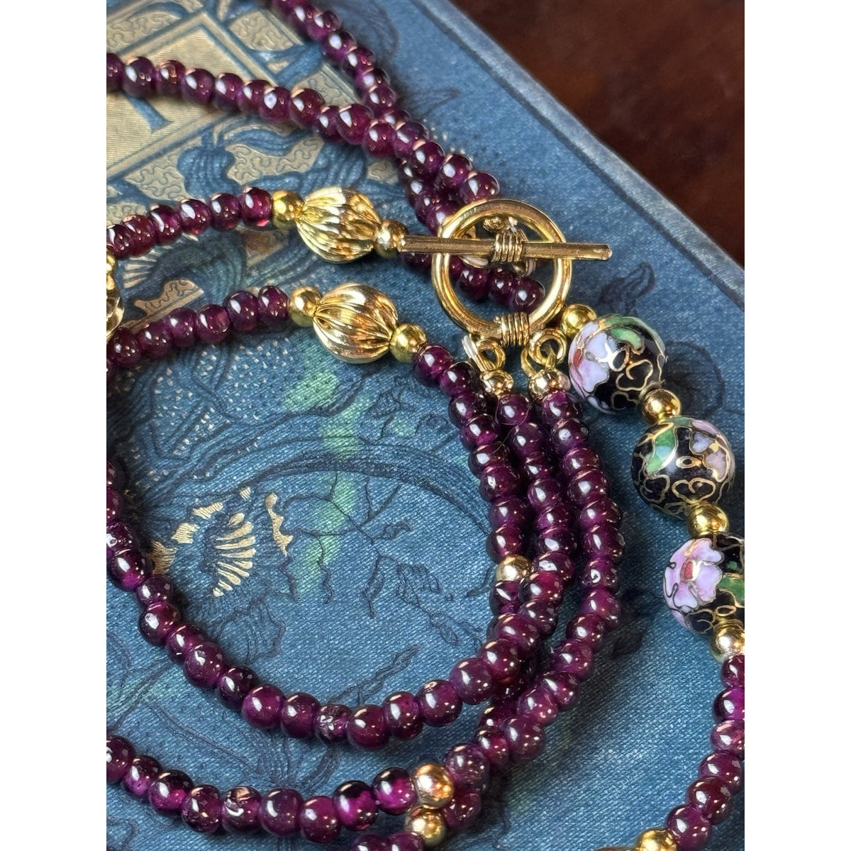 Garnet Double Strand Necklace 19” Floral Cloisonné Goldtone Beads Newly Restrung