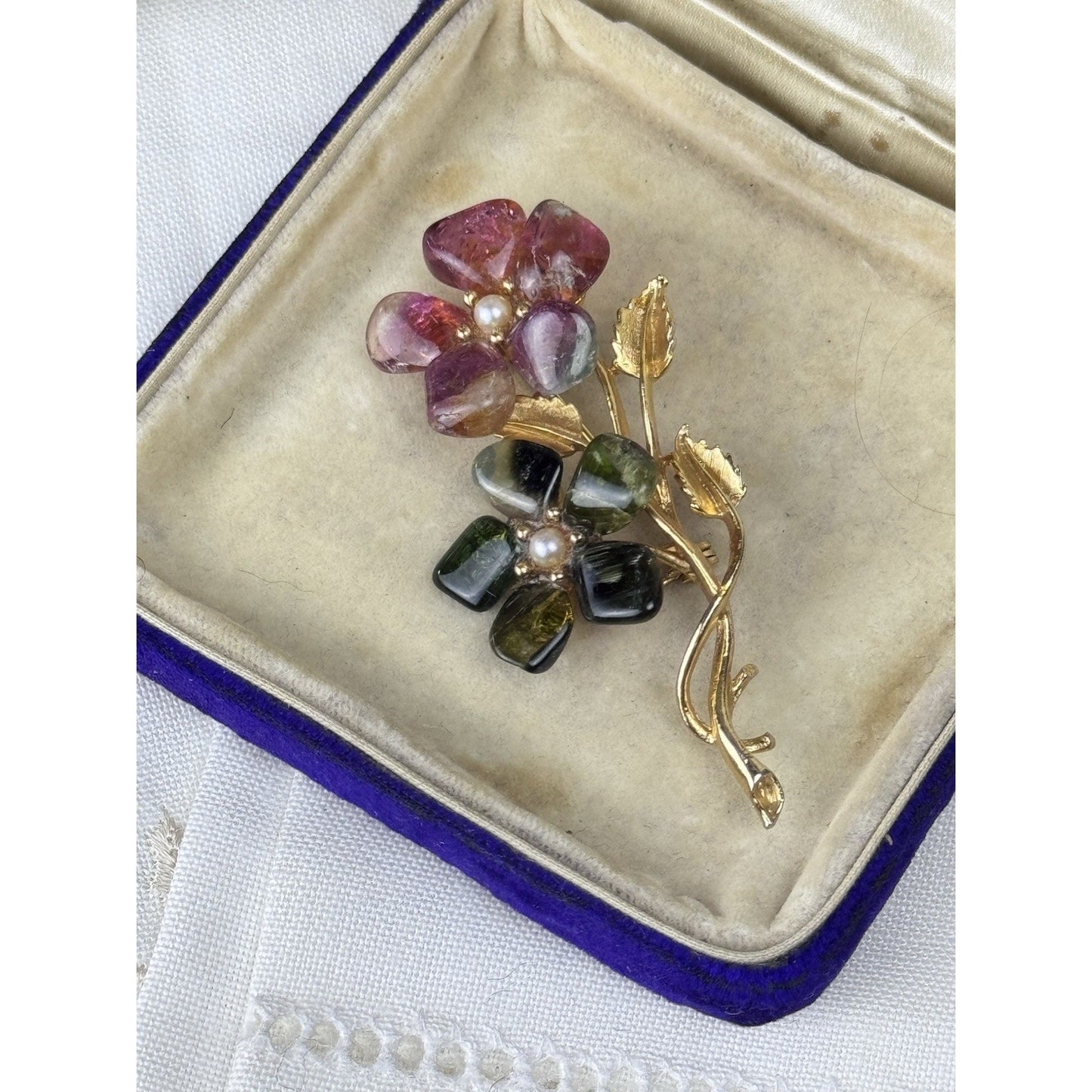 Vintage Pink Green Stone Floral Brooch Seed Pearl Goldtone 2.75” Estate Pin