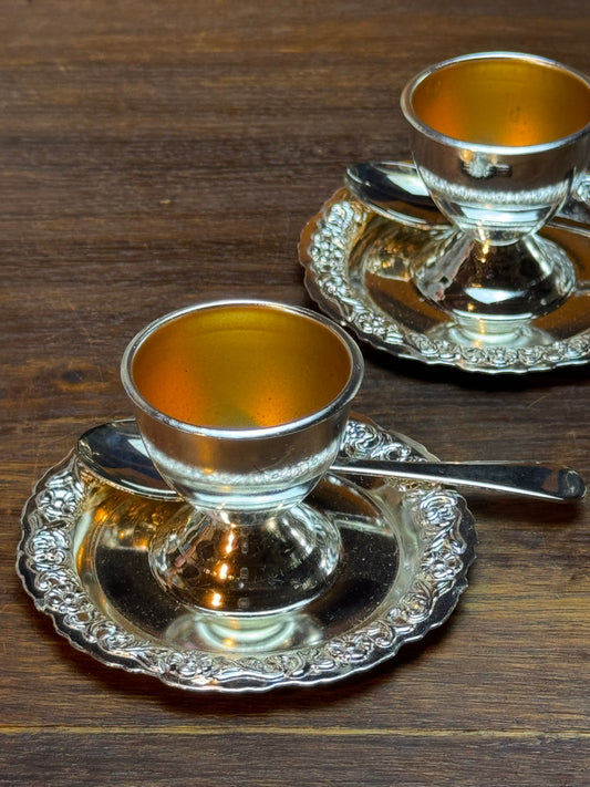 Vintage English Silver Plate Egg Cup Set Gold Wash Interior Spoons