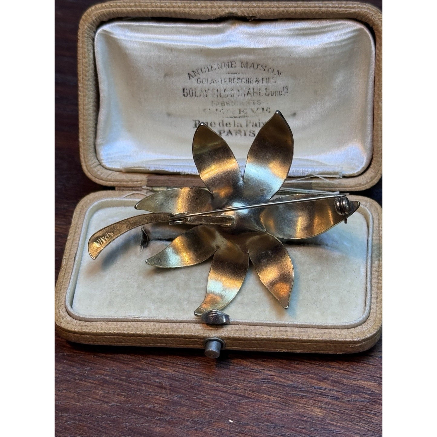 Spain Damascene Flower Brooch Goldtone Faux Pearl Vintage Toledo Style