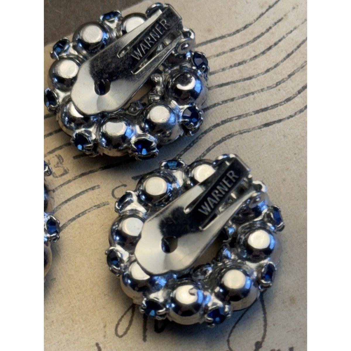 Vintage Warner Blue Rhinestone Brooch Clip On Earrings Set Signed 1.75”