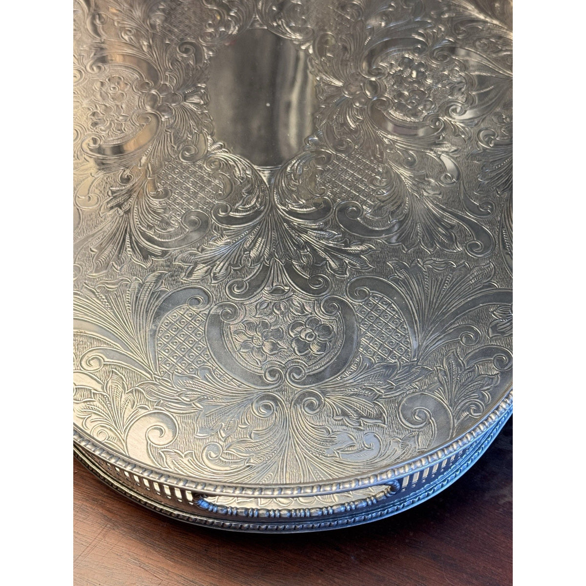 Silverplate Gallery Tray SHEFFIELD Serpentine Reticulated Chased Footed 18”