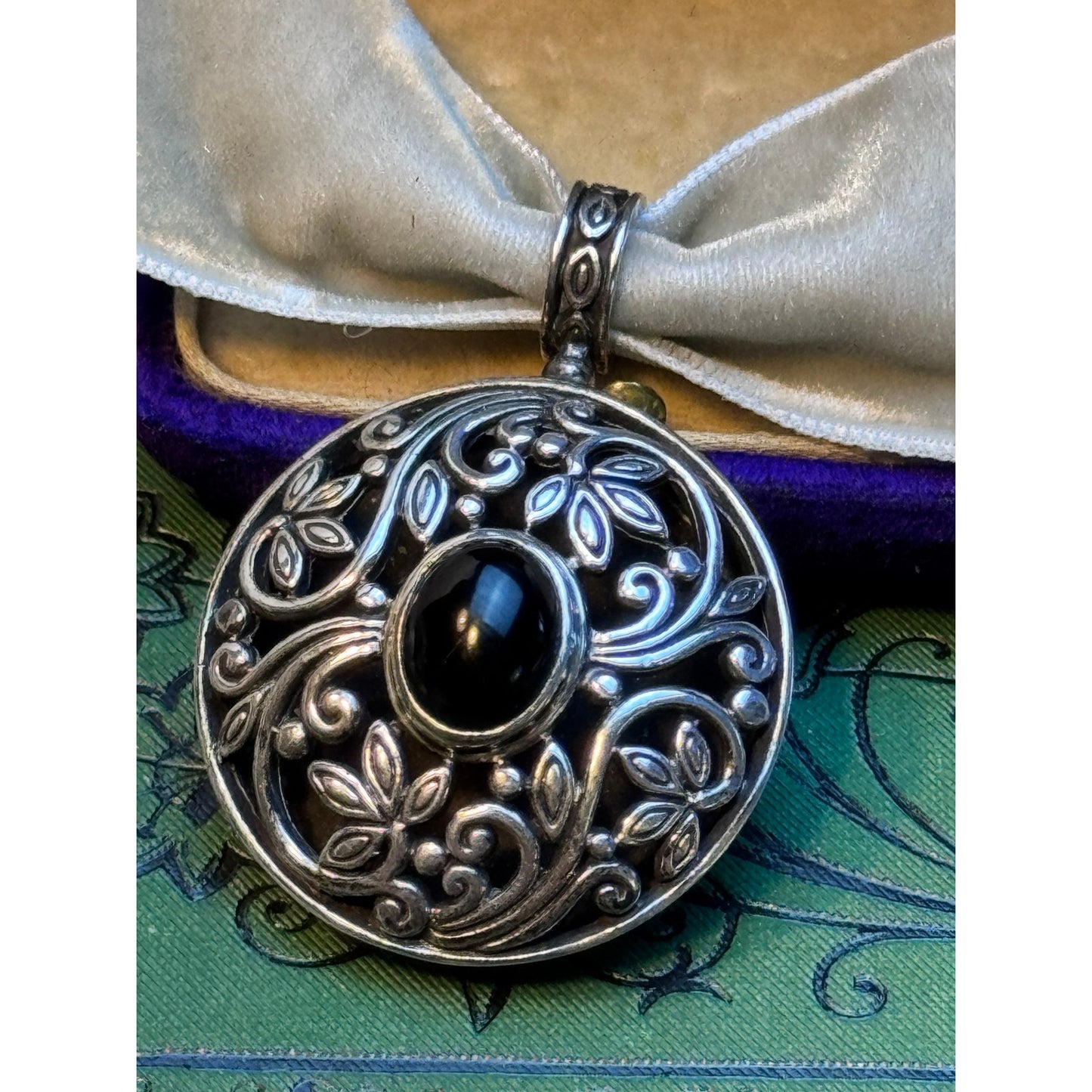 Sterling Silver Onyx Pendant Round Scrollwork Velvet Ribbon